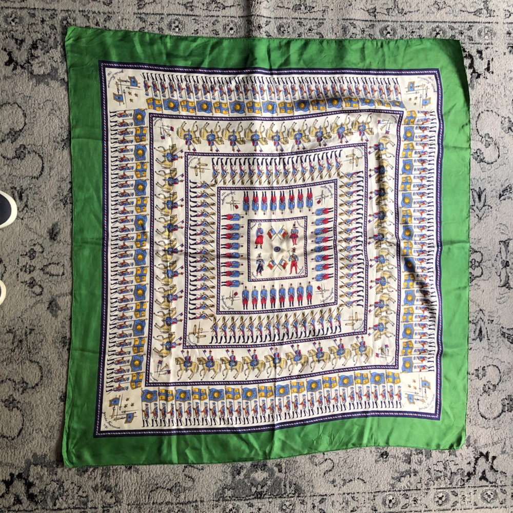 Vintage French blue Green and White Military Patterned Scarf 34x36 square